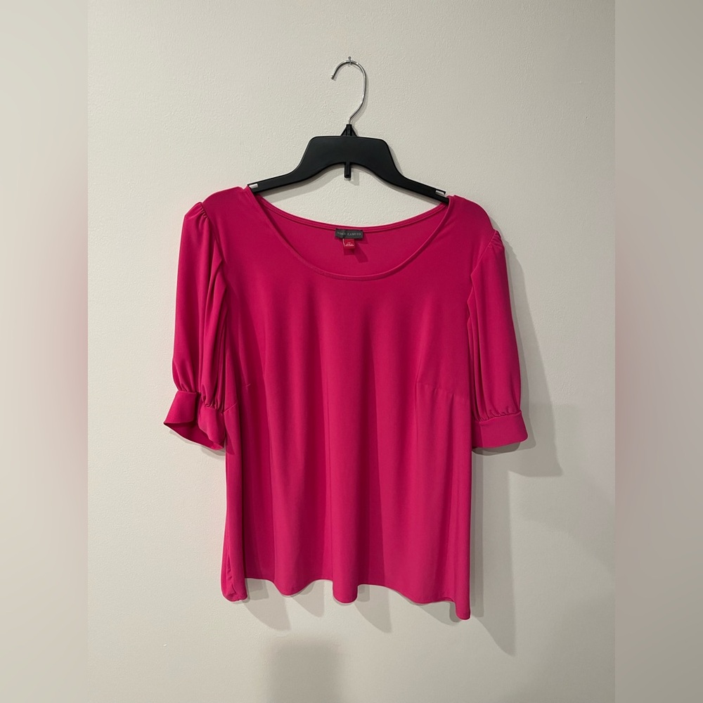 Vince Camuto Hot Pink Fuchsia Scoop Neck Short Puff Sleeve Top Size 2X